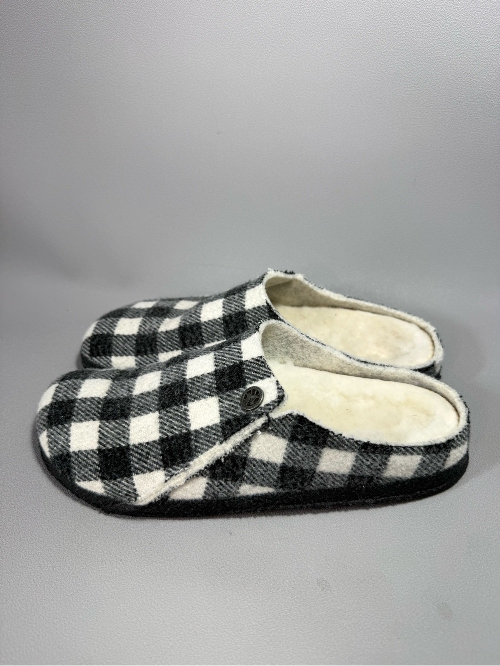 Birkenstock Zermatt Black & White Buffalo Check Wool Shearling Slip-On Slippers